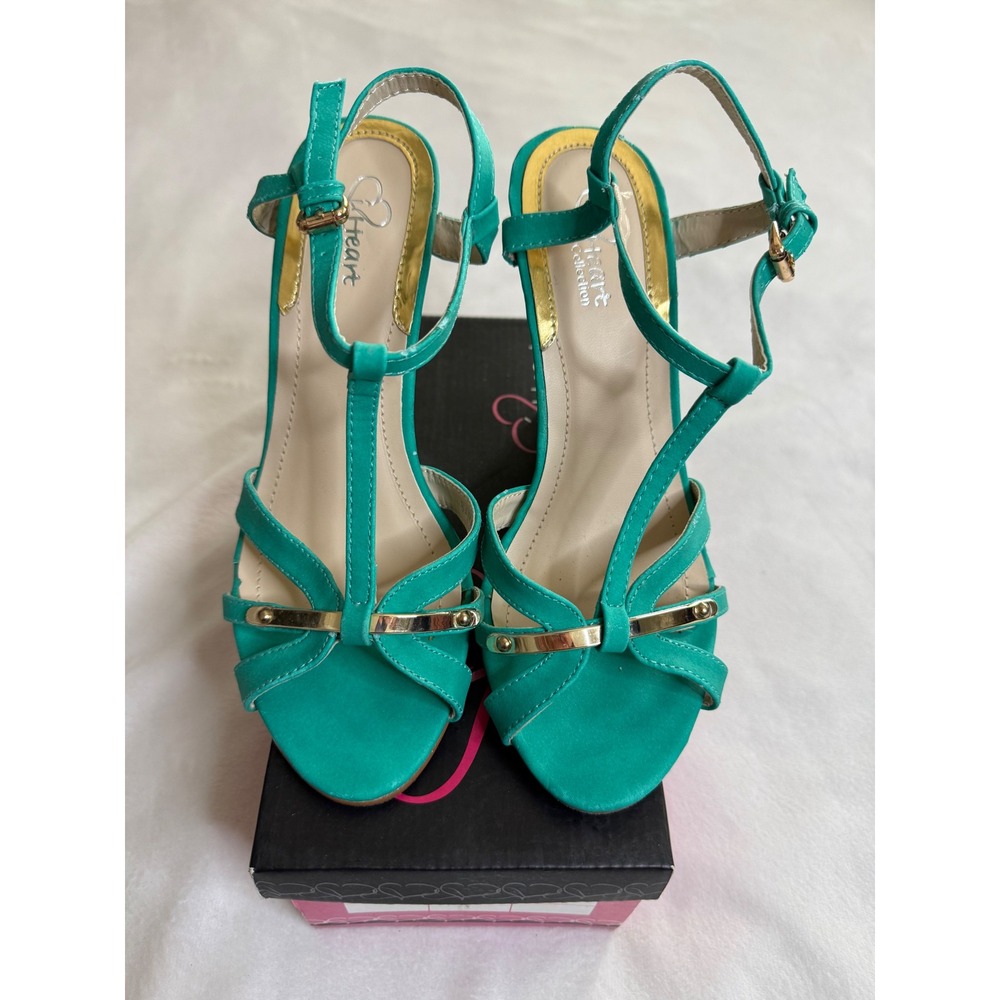 iHeart Collection Teal Faux Suede Wedge Sandals Gold Accents Strappy Size 6